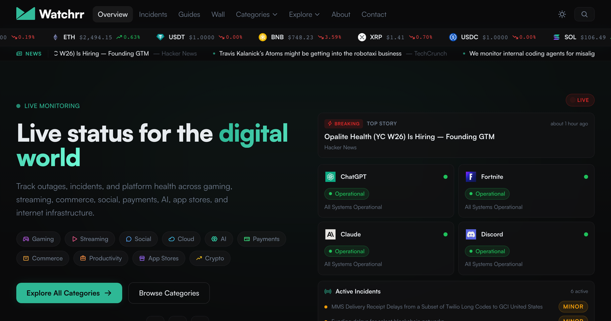 The Watchrr dashboard showing live status across service categories